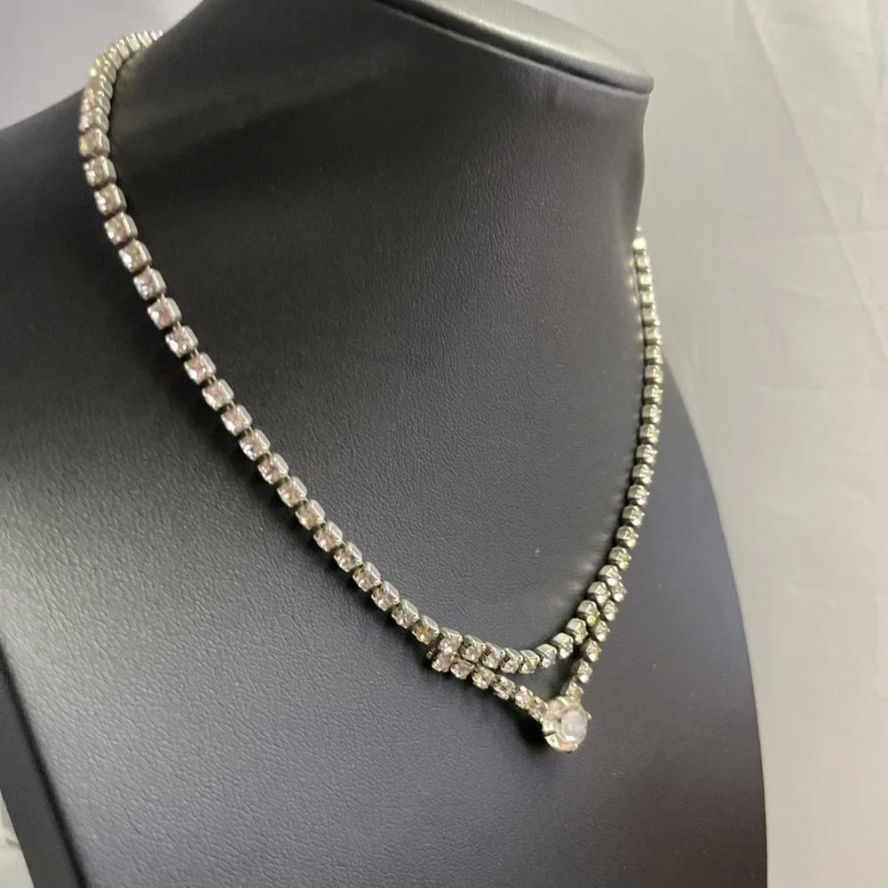 50s Rhinestone Necklace Vintage Dainty Elegant Date Night Wedding Jewelry 15" - Picture 2 of 8
